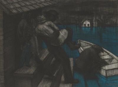 shadowy figures; man crouching beside boat, LRC; another man carrying a person down steps at center; woman with boy in overalls standing in doorway at left at top of steps; white building in background, URC; blue flood waters at right