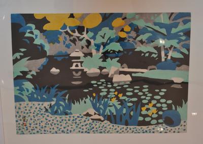 black garden pond with green spots (water lily leaves); blocks of color