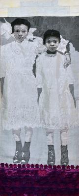 black and white image of two young Black girls in white dresses; the taller girl has her arm around the shorter girl; dimensional flower below their feet in pink and purple; rod pocket on verso for hanging