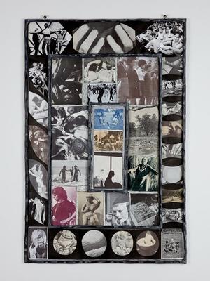 collage of photographs in black and white, sepia and white, red and white, and blue and white; three concentric rectangular areas of raised metal; images include surgical instruments, doctor and nurse with a baby, two nude children and girl in a dress holding hands, hands and fingers, hands sculpting a bust, dancers, group of seated people with topless women, hand in a brace, two women playing bongo drums
