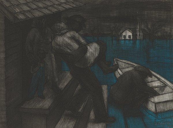 shadowy figures; man crouching beside boat, LRC; another man carrying a person down steps at center; woman with boy in overalls standing in doorway at left at top of steps; white building in background, URC; blue flood waters at right